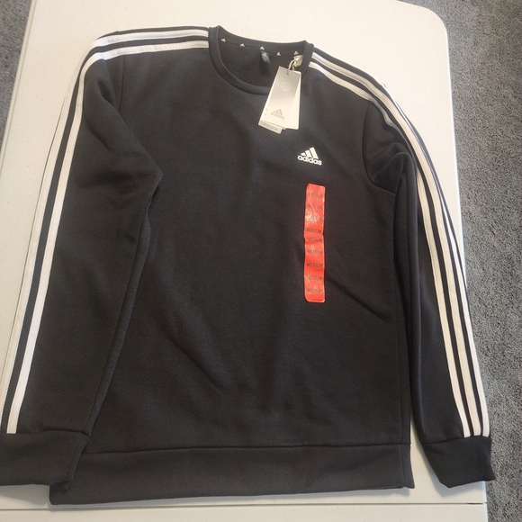 Adidas Black and White Crewneck Sweater with Signature Stripes - Picture 1 of 8